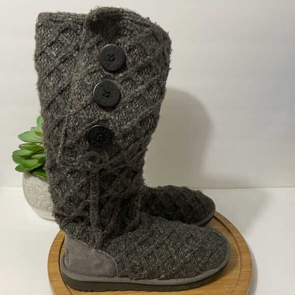 UGG Cardy Grey Lattice Knee High Boot Women’s 8 Knit Fold Over Button Cozy Boho - Picture 2 of 11